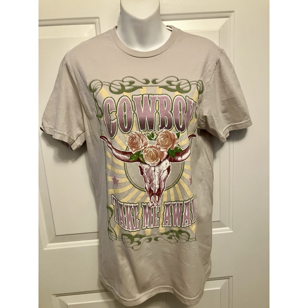 Goodie Two Sleeves Cowboy‎ Take Me Away Small Beige Graphic T Shirt NWT Women’s